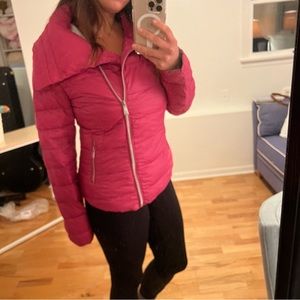 BCBG pink puffer bomber jacket with asymmetrical zipper